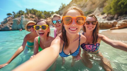 friends take a photo of themselves on holiday in Greece