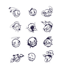 Spray graffiti faces. Spraying emoticon angry happy face, grunge paint emoji icons street art subculture graffiti circle smile character splatter brush, classy vector illustration