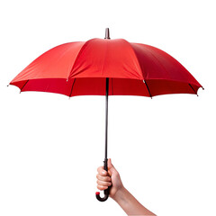 Hand holding red umbrella, isolated on transparent background.