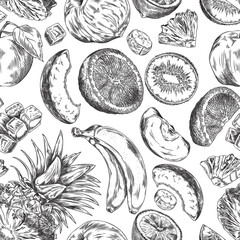 Seamless pattern with tropical fruits sketch, juicy orange, mango, peach, apple, bananas kiwi engraved hand drawn vector