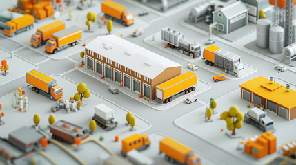 Logistics Center with Cargo Trucks and Warehouse - obrazy, fototapety, plakaty