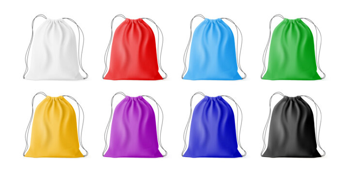 Sport sacks. Realistic gym backpack on nylon string strap cord, isolated drawstring bag mockup for shoes backpacking, cloth pouch pocket handbag laundry nowaday vector illustration