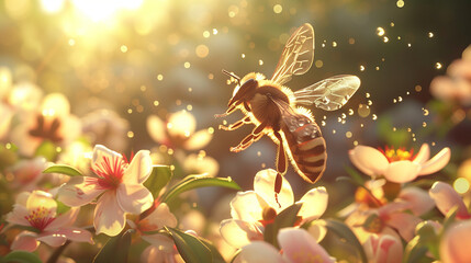 Enchanted Honeybee and Flowers with Sparkling Bokeh - obrazy, fototapety, plakaty