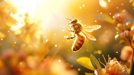 Enchanted Honeybee and Flowers with Sparkling Bokeh