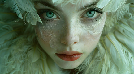 Cinematic, fantasy portrait of an alien forest woman with big eyes