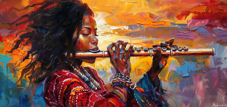 Artistic Portrait of Woman Playing Flute