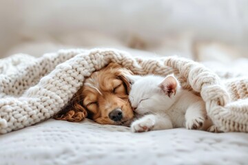 English Cocker spaniel puppy cuddles kitten under white blanket at home Space for text