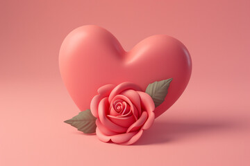 A heart and a rose are placed on a pink background