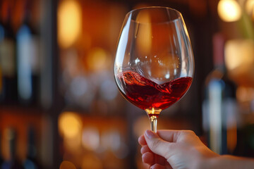 Woman's hand with a glass of red wine in her hand, wine tasting
