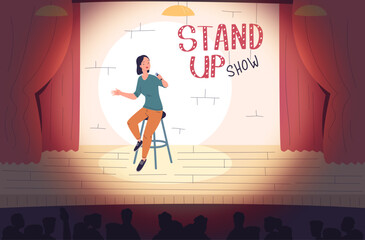 Obraz premium Standup comedian. Stand up person on stool speaking monologue at scene stand-up comedy humor show, laughing people performance theatre stage background classy vector illustration