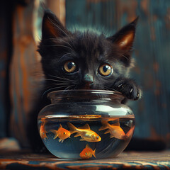 Black kitten irresistibly attracted by the goldfish bowl