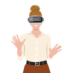 Young woman wearing 3d glasses playing with virtual reality touching air with fingers. Flat vector illustration isolated on white background