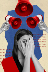 Creative trend collage of frightened female peek hands hold megaphone democracy campaign weird...