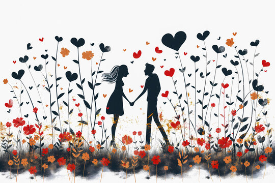 Romantic couple in love on floral background with hearts. Vector illustration.