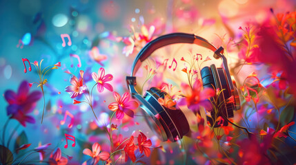 Background with a bouquet of flowers emerging from the ear cups of a pair of headphones with free place for text. Music, podcast concept banner - obrazy, fototapety, plakaty