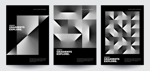 Geometric monochrome posters set. Round gradient shapes composition. Eps10 vector.