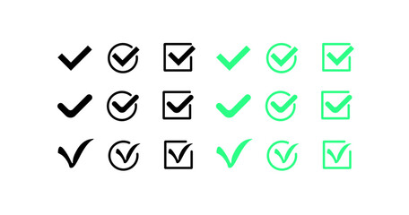 Checkmark icons collection. Different styles, set of checkmarks for design. Vector icons