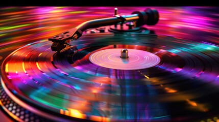 Vinyl record spinning on a turntable background with smoke in neon colours. Music, DJ concept banner - obrazy, fototapety, plakaty