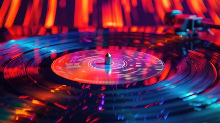 Vinyl record spinning on a turntable background with smoke in neon colours. Music, DJ concept banner