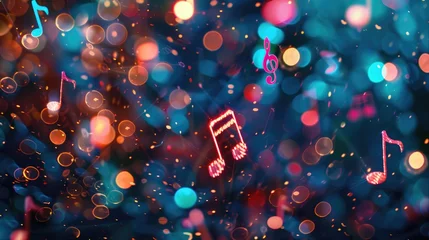 Foto op Canvas Music notes symbols on glowing blurred lights bokeh background. Concert, karaoke or performance concept banner © eireenz
