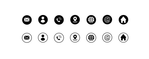 Social media icons set. Linear, envelope buttons, person, handset, location tag, planet, marks, house, social networks. Vector icons