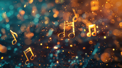 Music notes symbols on glowing blurred lights bokeh background. Concert, karaoke or performance concept banner