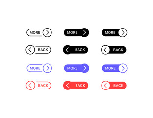 More and Back buttons. Different styles, right and left arrow buttons, More and Back buttons. Vector icons