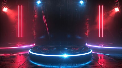 Fototapeta na wymiar A versus-themed glowing pedestal with flares, symbolizing a battle or competition concept with red and blue neon glowing circles on the floor and shining projectors from above