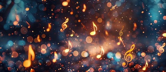 Music notes symbols on glowing blurred lights bokeh background. Concert, karaoke or performance concept banner
