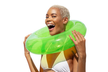 Happy laughing fun young woman holding green swim ring, African latin American woman isolated on white background. Concept of a seaside vacation, shopping for a summer beach holiday or travel
