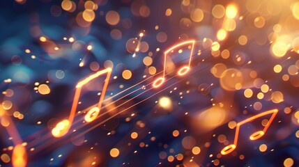 Music notes symbols on glowing blurred lights bokeh background. Concert, karaoke or performance concept banner