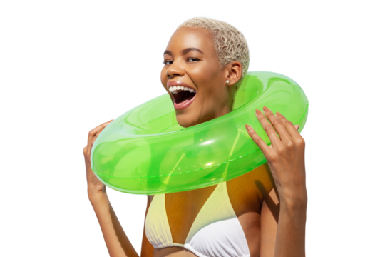 Happy laughing fun young woman holding green swim ring, African latin American woman isolated on white background. Concept of a seaside vacation, shopping for a summer beach holiday or travel