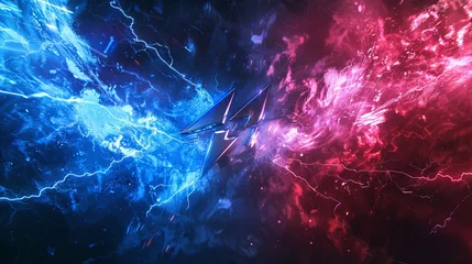 Fotobehang An abstract background in blue and red featuring a versus monogram with lightning bolts and chrome letters, representing team competition © Orxan