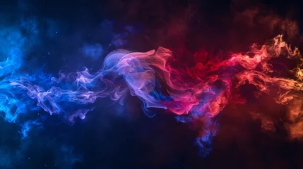 Poster An abstract depiction of nebula smoke fire in red and blue light isolated on a black background, embodying the concept of versus, competition, and fight © Orxan