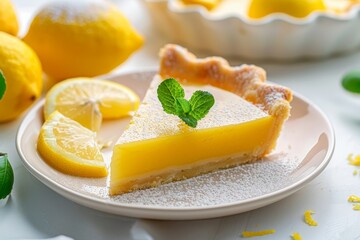 French lemon tart on a white plate with lemon décor