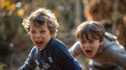Siblings Engaged in Playful Outdoor Adventure One Expressing Anger While the Other Reacts with Fearful Excitement