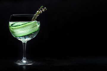 Fancy fresh cocktail. Gin and tonic drink with ice at a party, on a black background. Alcohol with cucumber and thyme, with copy space