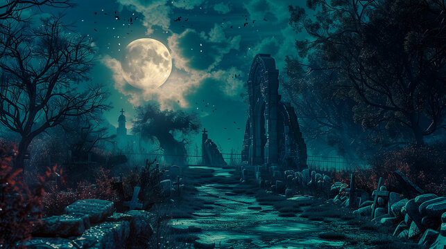 halloween night scene with graveyard in the background