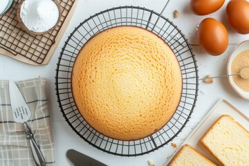 Freshly baked vanilla sponge cake on white table homemade with two layers of fluffy chiffon cake Cooking utensils and ingredients in background - obrazy, fototapety, plakaty