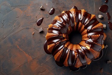 Freshly baked zebra bundt cake with chocolate glaze from above copy space included