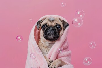 Freshly bathed griffon or pug dog on pink background Wrapped in towel Pet grooming concept Soap...