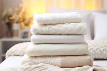 Neat stack of white towels on bed in bedroom, wide angle shot with free copy space for versatile use