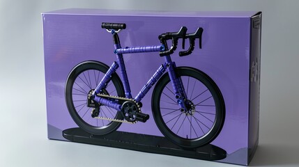 a LEGO Box and model  road bike with a metallic purple color scheme 