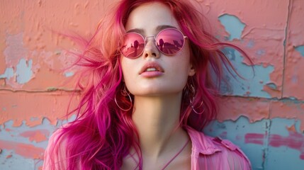 Obraz premium fashion portrait of a beautiful Caucasian woman in pink glasses with bright pink hair, outdoors, outside. bright colourful background on the street