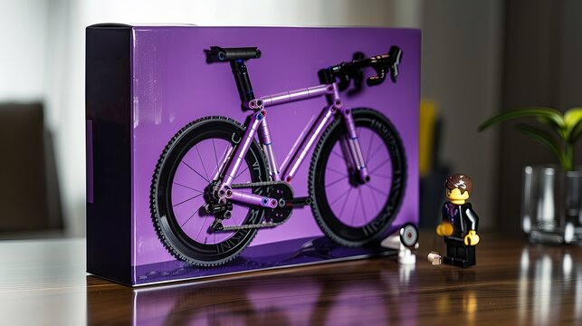 a LEGO Box and model  road bike with a metallic purple color scheme 