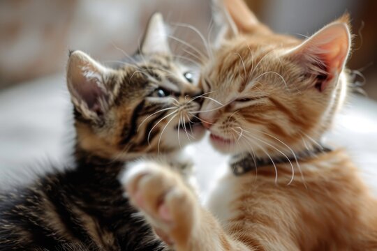 Ginger cat in collar fights blurred tabby kitten