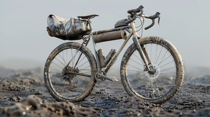 gravel mountain bike with titanium frame covered in dirt - obrazy, fototapety, plakaty