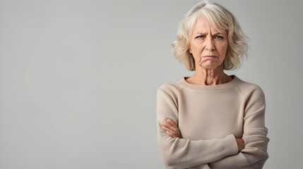 Disgruntled Senior Citizen Expressing Disapproval and Disagreement with Crossed Arms and Serious Facial Expression on Plain Background - obrazy, fototapety, plakaty
