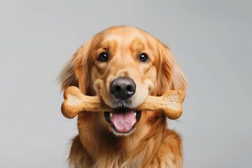 Golden Retriever puppy with bone in mouth on white background