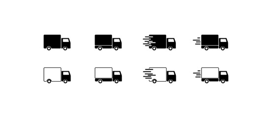 Delivery truck icons. Silhouette, set of trucks for cargo delivery design. Vector icons
